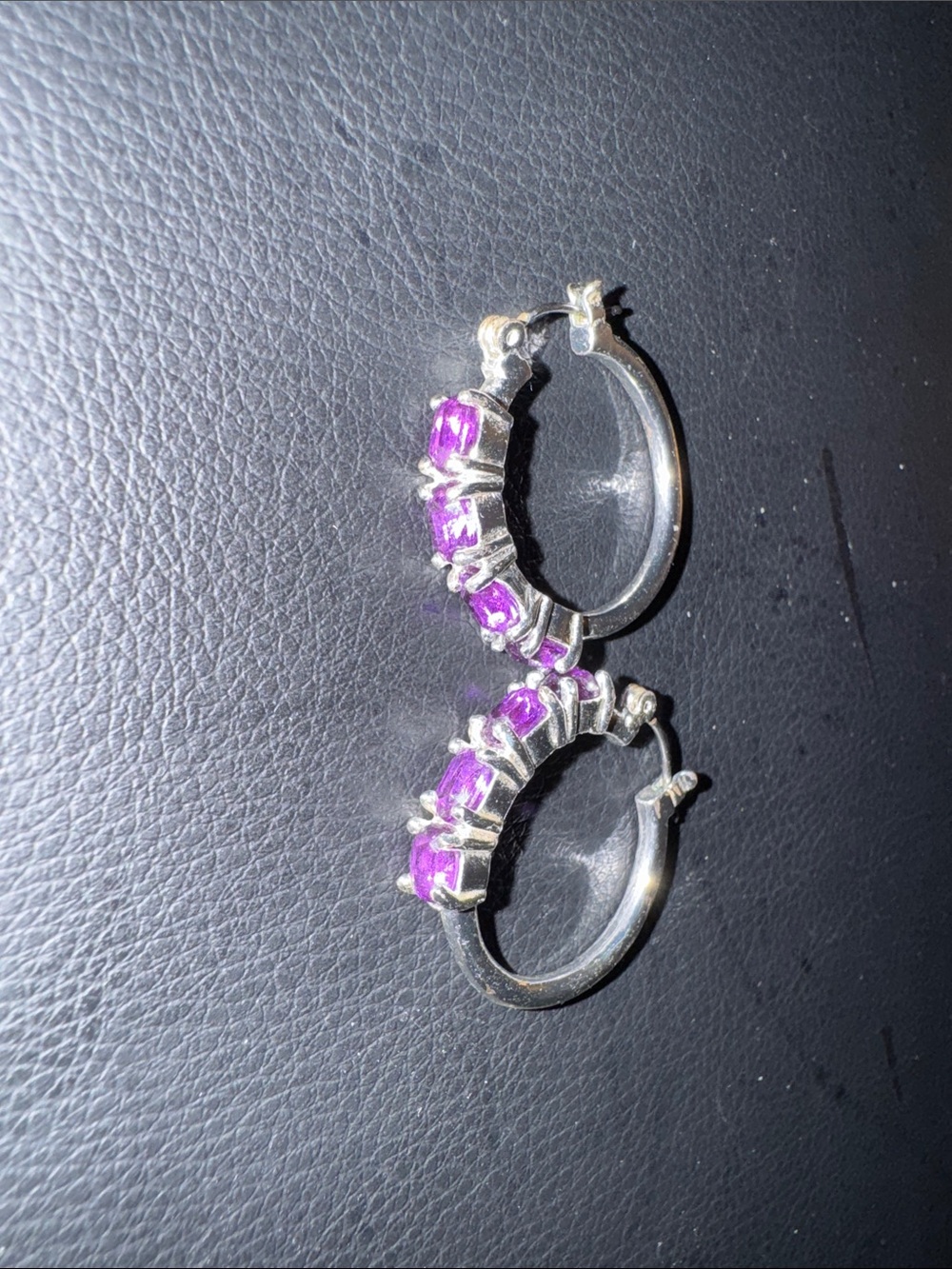 Silver Hoop Earrings with Purple Gemstone Accents